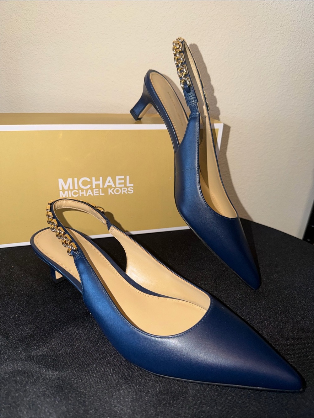 Michael Kors Navy “Marcia” Chain-Detail Slingback Pumps ✨ STUNNING!